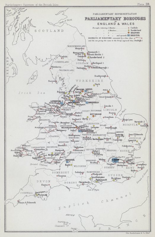 Parlamenti képviselet, Anglia és Wales parlamenti kerületei (színes litográfia) alkotó: English School