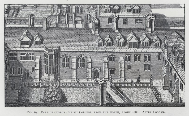 A Corpus Christi College része, északról, 1688 körül, Loggan nyomán (metszet) alkotó: English School