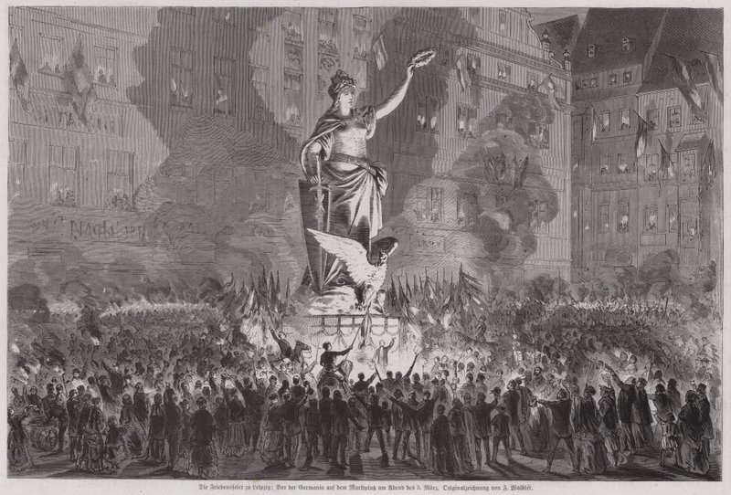 Békeünnepségek Germania szobra előtt a lipcsei piactéren, 1870. március 5-én este (metszet) alkotó: English School