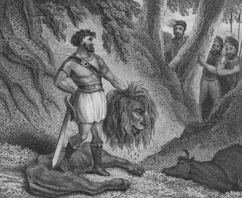 Alacsony Pepin, a frankok királya bebizonyítja, hogy termete nem akadályozza az oroszlán megölésével uralkodni alkotó: English School