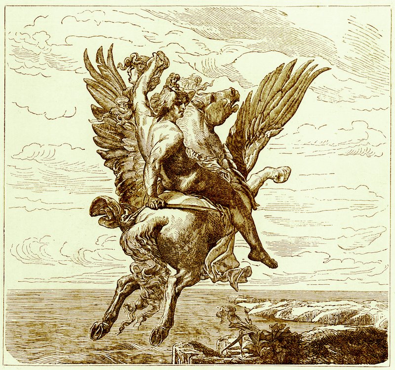 Perseus a szárnyas lovon Pegazus, medúza fejjel, illusztráció a The Illustrated History of the Worldből, megjelent 1880 körül (digitálisan javított kép) alkotó: English School