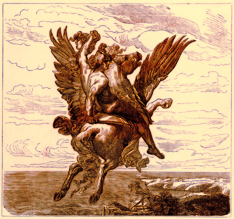 Perseus a szárnyas lovon Pegazus, medúza fejjel, illusztráció a The Illustrated History of the Worldből, megjelent 1880 körül (digitálisan javított kép) alkotó: English School