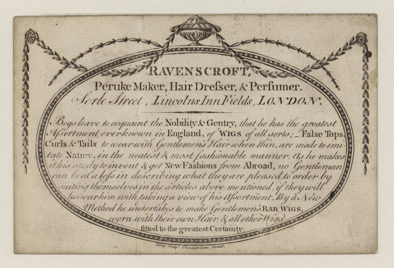 Peruke gyártó, Ravenscroft, kereskedelmi kártya alkotó: English School