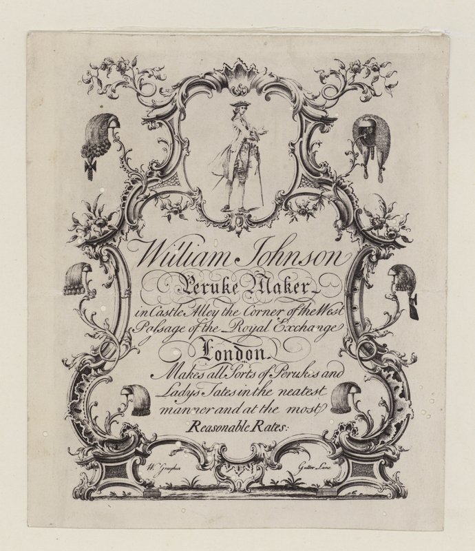 Peruke gyártó, William Johnson, kereskedelmi kártya alkotó: English School