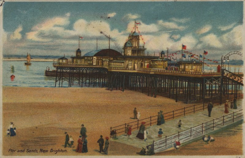 Móló és homok, New Brighton, Merseyside (színes litho) alkotó: English School