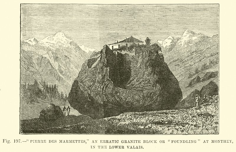 Pierre des Marmettes, egy szabálytalan gránittömb vagy talált Monthey-ban, Valais alsó részén alkotó: English School