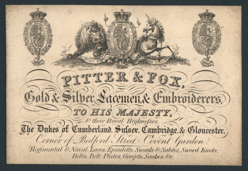 Pitter és Fox, Arany és ezüst csipkeverő és hímzők, Bedford Street, Covent Garden, kereskedelmi kártya alkotó: English School
