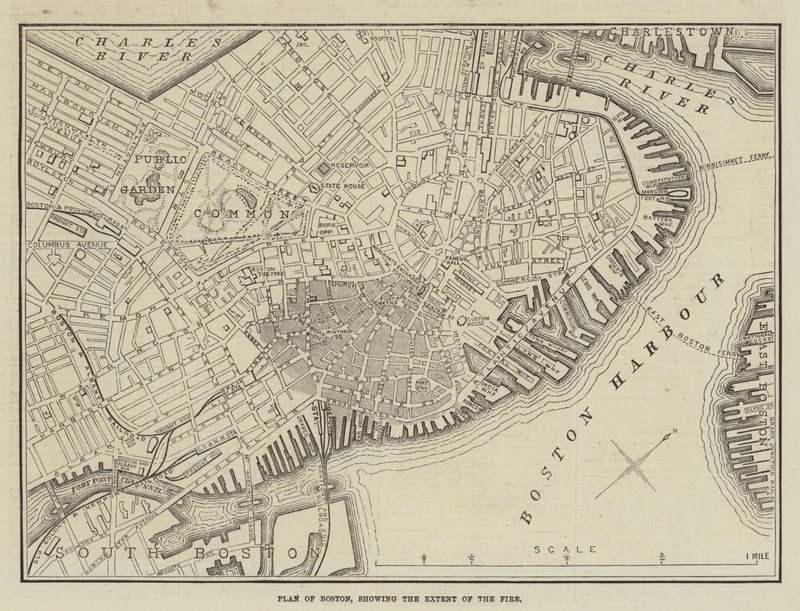 Boston terve, amely a tűz kiterjedését mutatja (metszet) alkotó: English School
