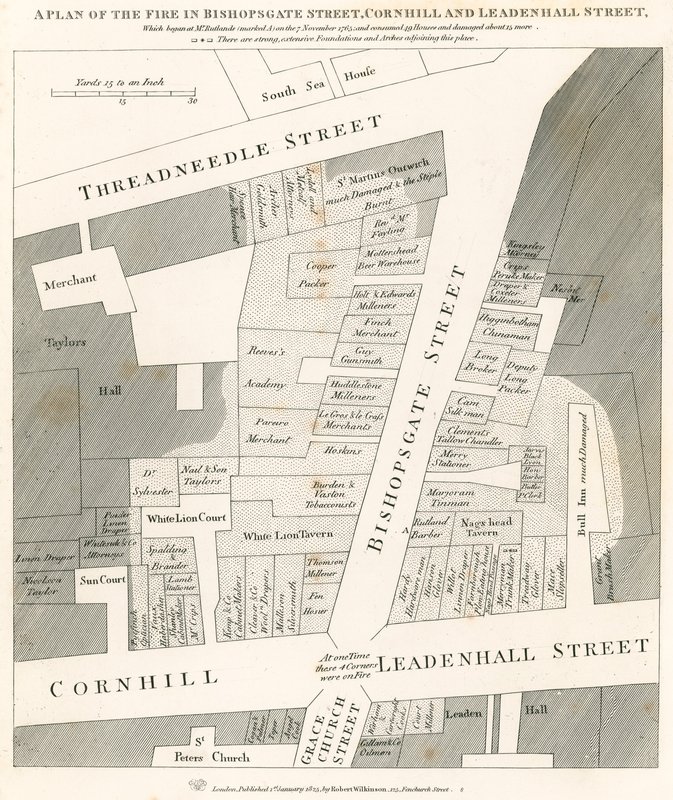 A londoni Bishopsgate Street, Cornhill és Leadenhall Street tűz terve, amely 1765. november 7-én kezdődött alkotó: English School