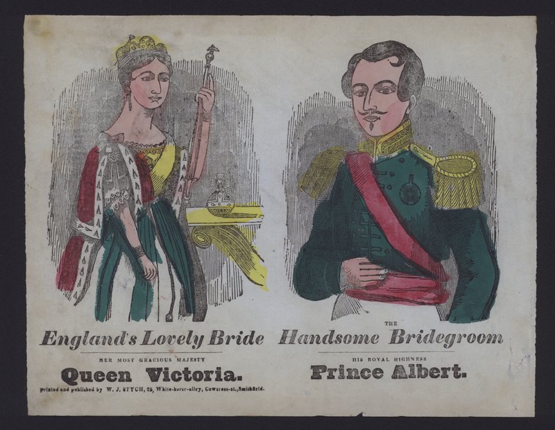 Viktória királynő és Albert herceg esküvőjét ünneplő népszerű illusztráció (színes metszet) alkotó: English School