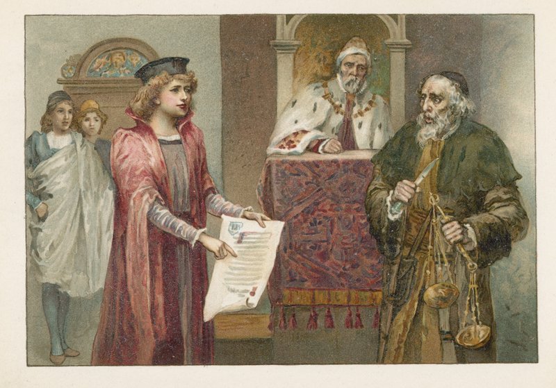 Portia, Shylock és a bíró a Velencei kereskedőben alkotó: English School
