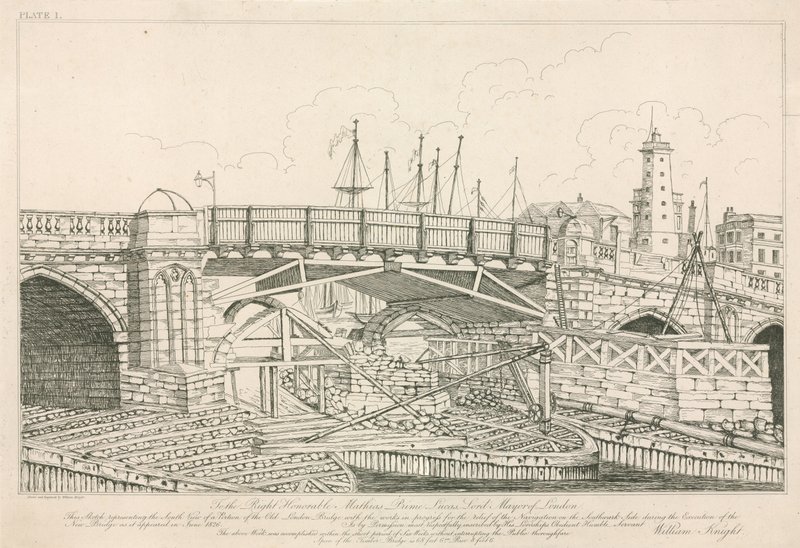 Az Old London Bridge egy része, 1826-ban az építési munkálatok során alkotó: English School