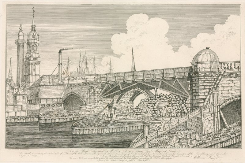 Az Old London Bridge egy része, 1827-ben az építési munkálatok során alkotó: English School