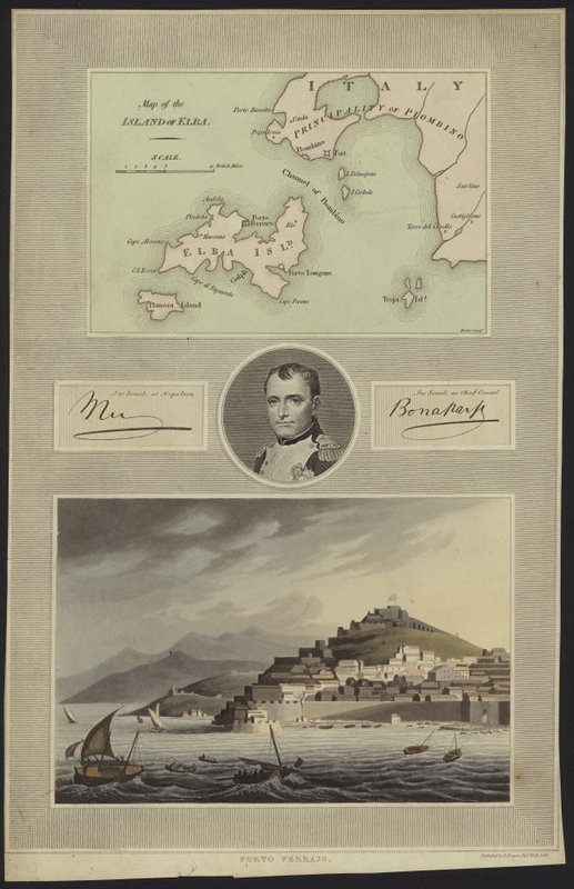 Napóleon Bonaparte portréja térképpel és kilátással Elbára alkotó: English School