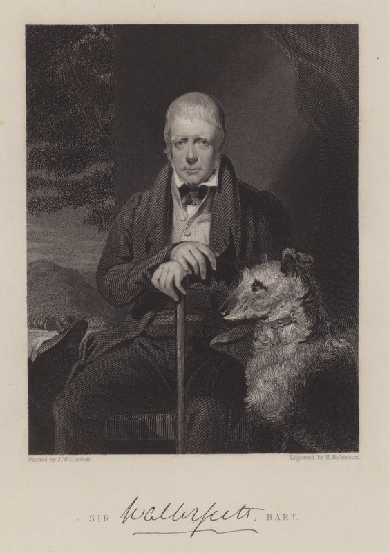 Sir Walter Scott portréja kutyával (metszet) alkotó: English School