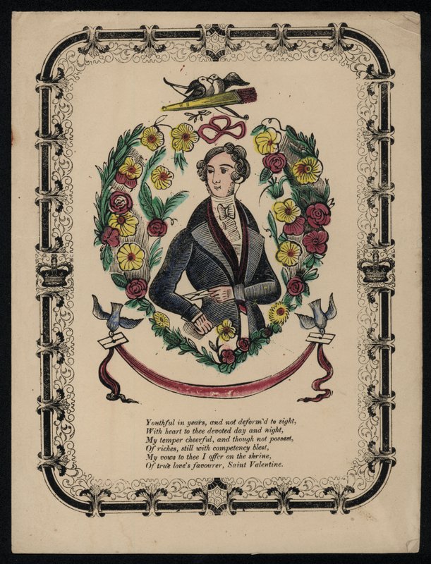 Jóképű férfi portréja, Valentin-vers (színes metszet) alkotó: English School