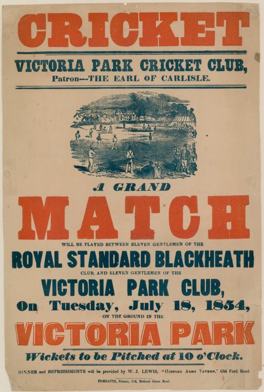 Plakát, amely krikettmérkőzést hirdet a Victoria Park Cricket Clubban 1854. július 18-án alkotó: English School