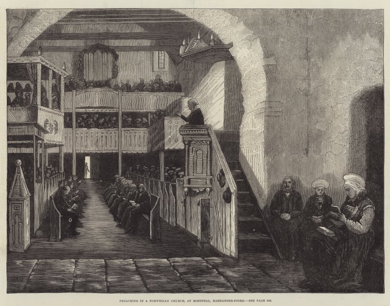 Prédikáció egy norvég templomban, Rosendalban, Hardanger-Fjordban (metszet) alkotó: English School