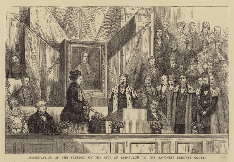 Edinburgh város szabadságának bemutatása Burdett Coutts bárónőnek (metszet) alkotó: English School