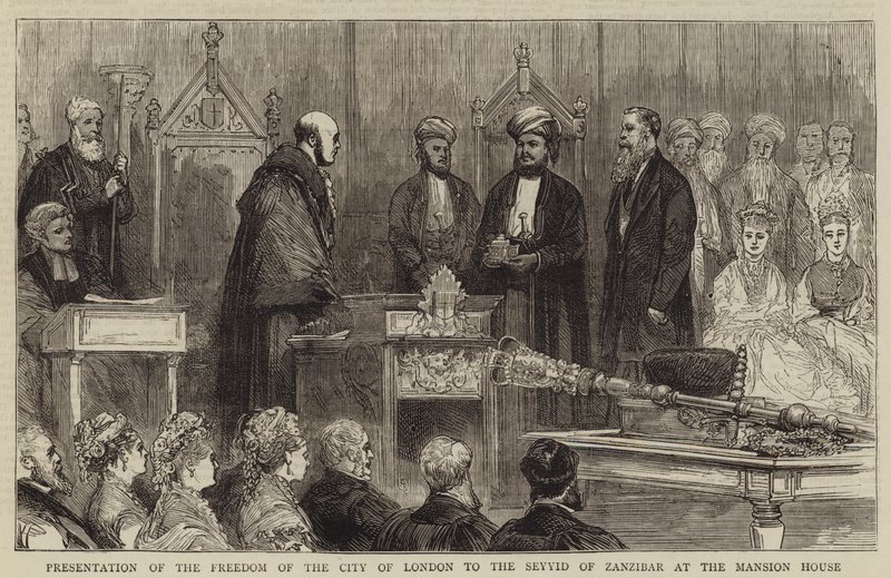 A londoni City szabadságának bemutatása a zanzibári Seyyideknek a Mansion House-ban (metszet) alkotó: English School