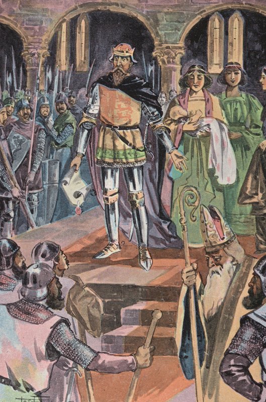 A herceg bemutatása a walesi törzsfőknek (színes litográfia) alkotó: English School