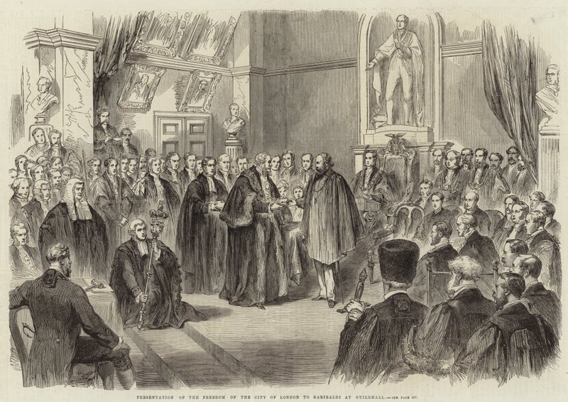 A londoni City szabadságának bemutatása Garibaldinak a Guildhallban alkotó: English School