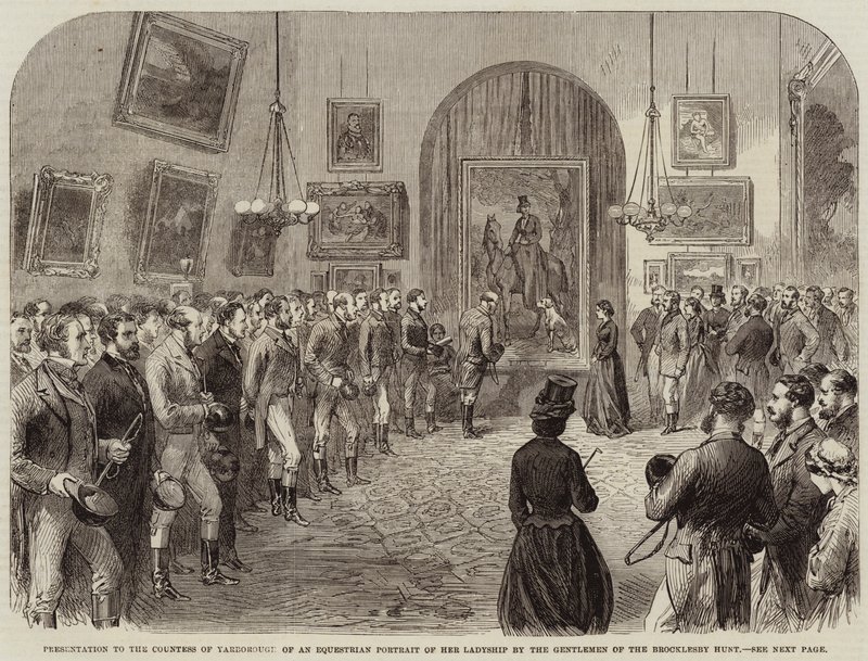 A Brocklesby Hunt úriemberei bemutatják Yarborough grófnőjének hölgyeményének lovas portréját alkotó: English School