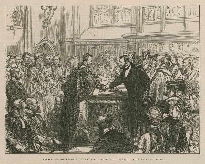 A londoni City szabadságának bemutatása U S Grant tábornoknak a Guildhallban alkotó: English School