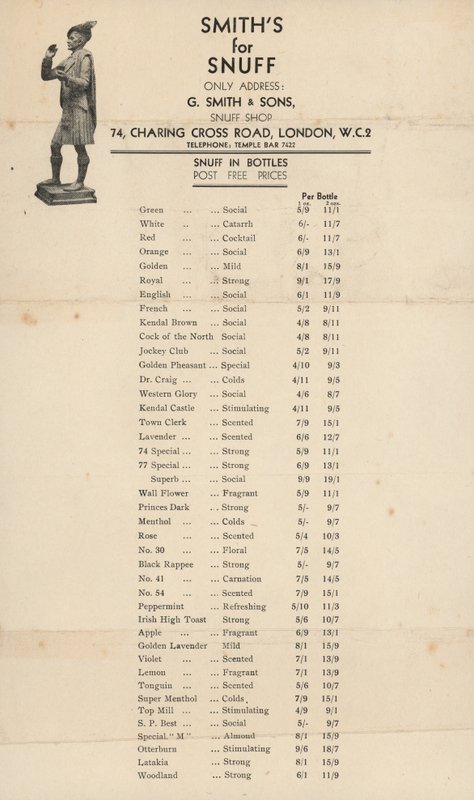 A G Smith & Sons, Snuff Shop árjegyzéke alkotó: English School