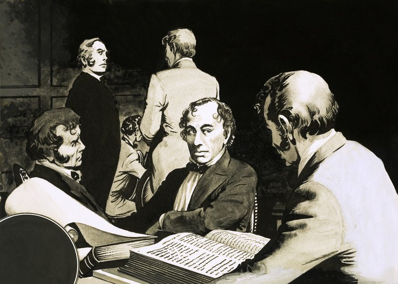 Benjamin Disraeli miniszterelnök konzervatív kollégáival tárgyal alkotó: English School