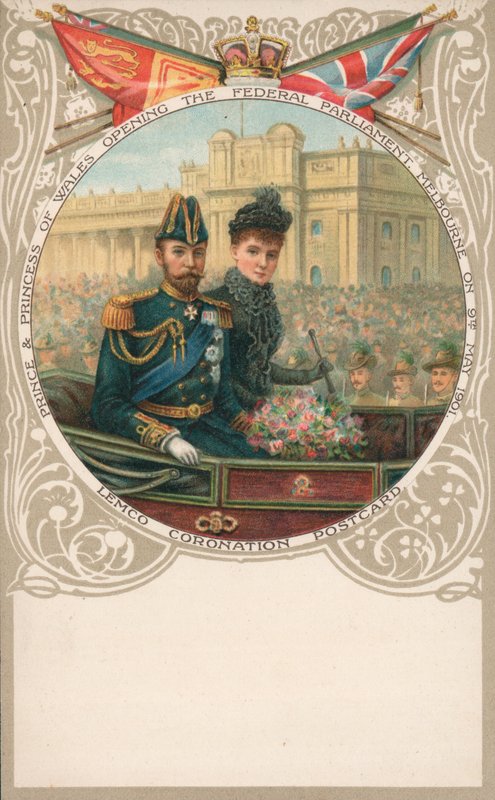 Walesi herceg és hercegnő a szövetségi parlament megnyitója, Melbourne, 1901. május 9. alkotó: English School