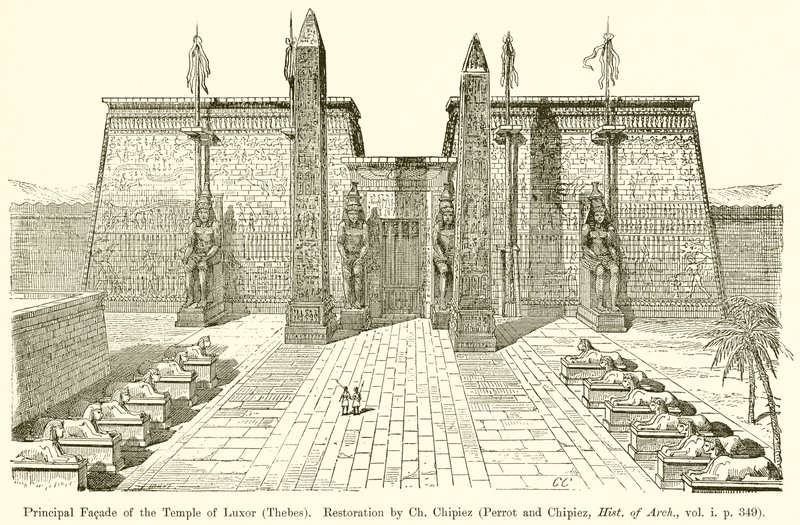 A luxori templom (Théba) főhomlokzata. Restaurálása Ch. Chipiez (Perrot és Chipiez, Hist. of Arch., vol. i. p. 349) alkotó: English School