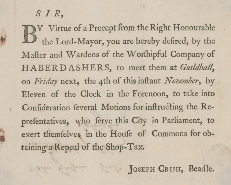 Nyomtatott levél Joseph Crishtől, a Beadle of Guildhalltól, London alkotó: English School
