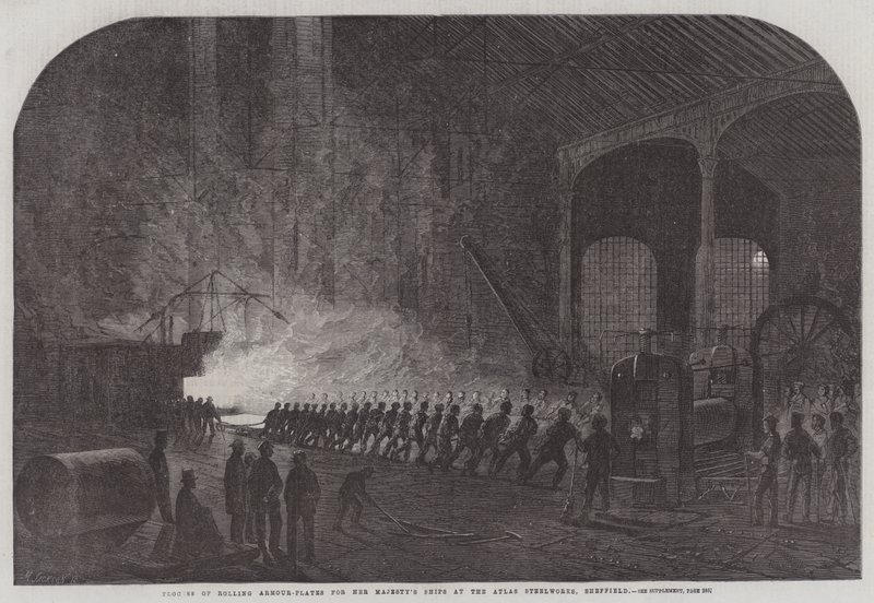 Páncéllemezek görgetési folyamata Őfelsége hajói számára a sheffieldi Atlas Steelworksben (metszet) alkotó: English School