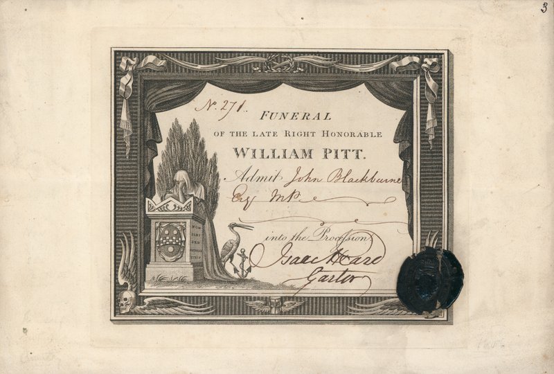 Felvonulási belépőjegy William Pitt temetésére alkotó: English School