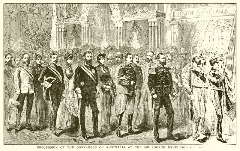Ausztrália kormányzóinak felvonulása az 1888-as melbourne-i kiállításon alkotó: English School