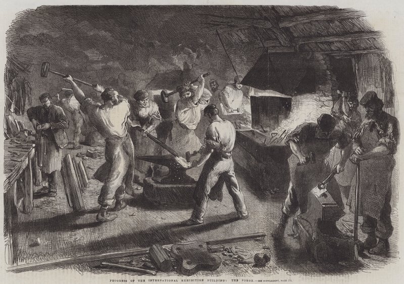 A Nemzetközi Kiállítás épületének előrehaladása, a Forge (metszet) alkotó: English School
