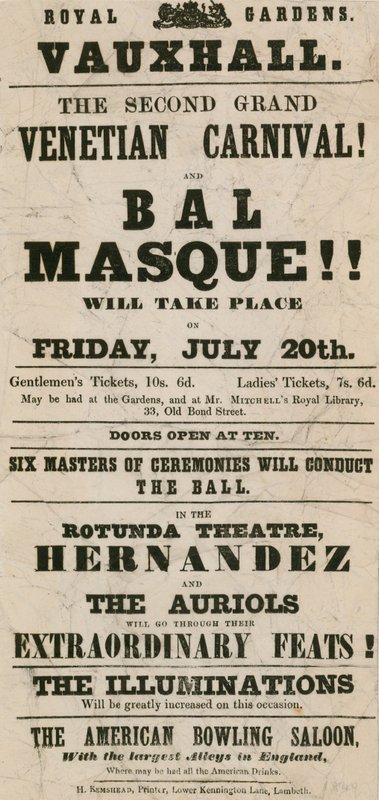 Promóciós szórólap a második nagy velencei karneválhoz és a Bal Masque-hoz a Royal Gardensben, Vauxhall, London alkotó: English School