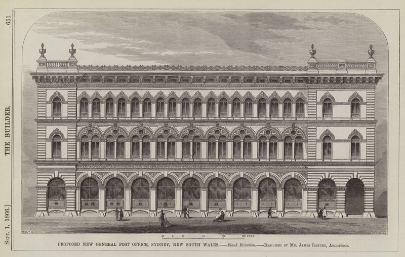 Javasolt új általános postahivatal, Sydney, Új-Dél-Wales, oldalmagasság, tervezte James Barnet építész (metszet) alkotó: English School