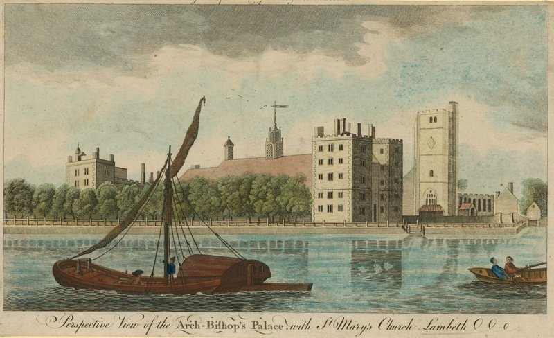 Perspektivikus kilátás az érseki palotára a Szent Mária-templommal, Lambeth alkotó: English School