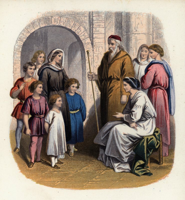 Prudence katekizálja Christiana gyermekeit, egy illusztráció John Bunyan A zarándokok haladásából (színes litó) alkotó: English School
