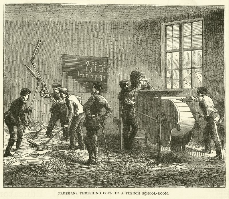 Poroszok kukoricát csépelnek egy francia iskolateremben, 1870. szeptember alkotó: English School