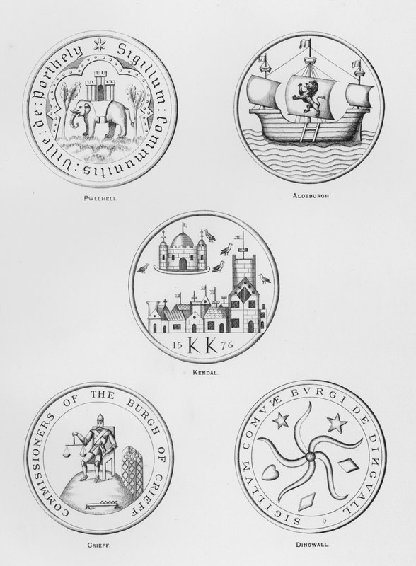 Közfegyverek: Pwllheli; Aldeburgh; Kendal; Crieff; Dingfal (metszet) alkotó: English School