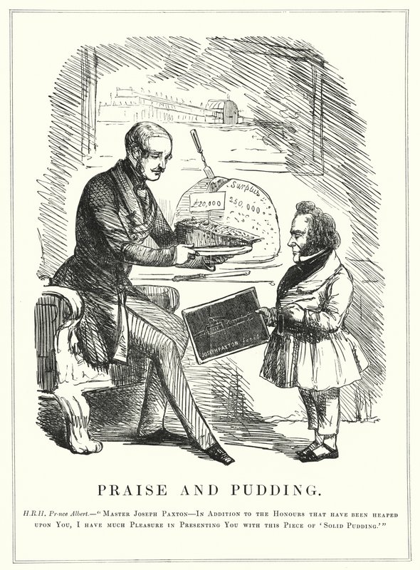 Punch rajzfilm: Dicséret és puding: Albert herceg megjutalmazza Joseph Paxtont a Crystal Palace megtervezéséért, hogy otthont adjon a sikeres 1851-es Nagy Kiállításnak a londoni Hyde Parkban (metszet) alkotó: English School