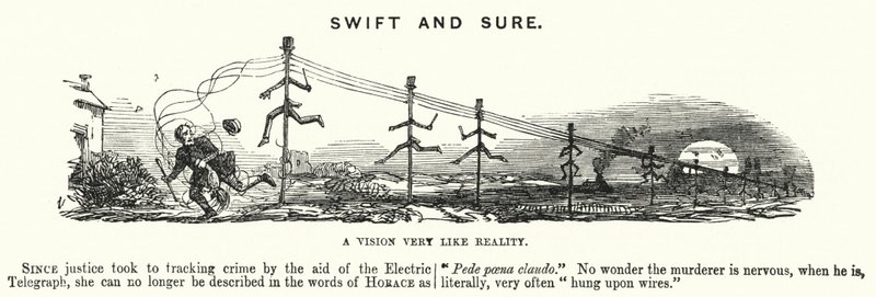 Punch rajzfilm: Swift and Sure – az elektromos távirat használata a bűnözés nyomon követésében (metszet) alkotó: English School