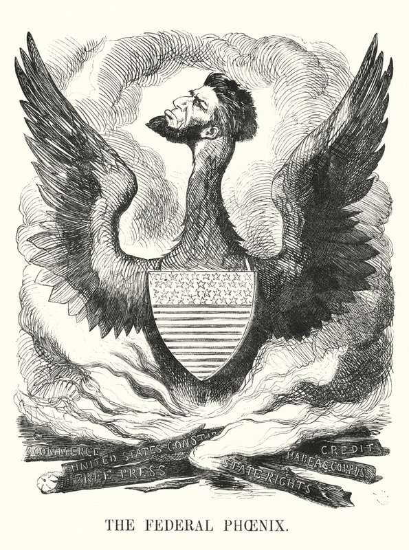 Punch rajzfilm: A szövetségi főnix – Abraham Lincoln újraválasztása az 1864-es amerikai elnökválasztáson (metszet) alkotó: English School