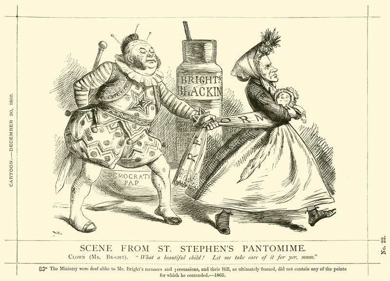 Punch rajzfilm John Brightról: Jelenet Szent István pantomimjából, 1865. december 30. (metszet) alkotó: English School