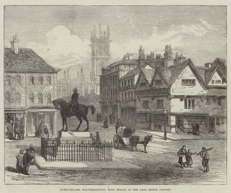 Queen-Square, Wolverhampton, a néhai Prince Consort szobrával (metszet) alkotó: English School