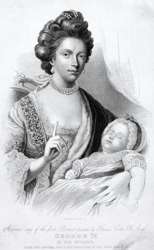 Charlotte királynő, III. György király hitvese kisfiukkal, a leendő régens herceggel és IV. György királlyal alkotó: English School
