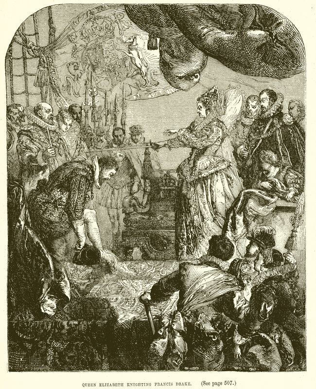 Erzsébet királynő lovaggá ütötte Francis Drake-et alkotó: English School